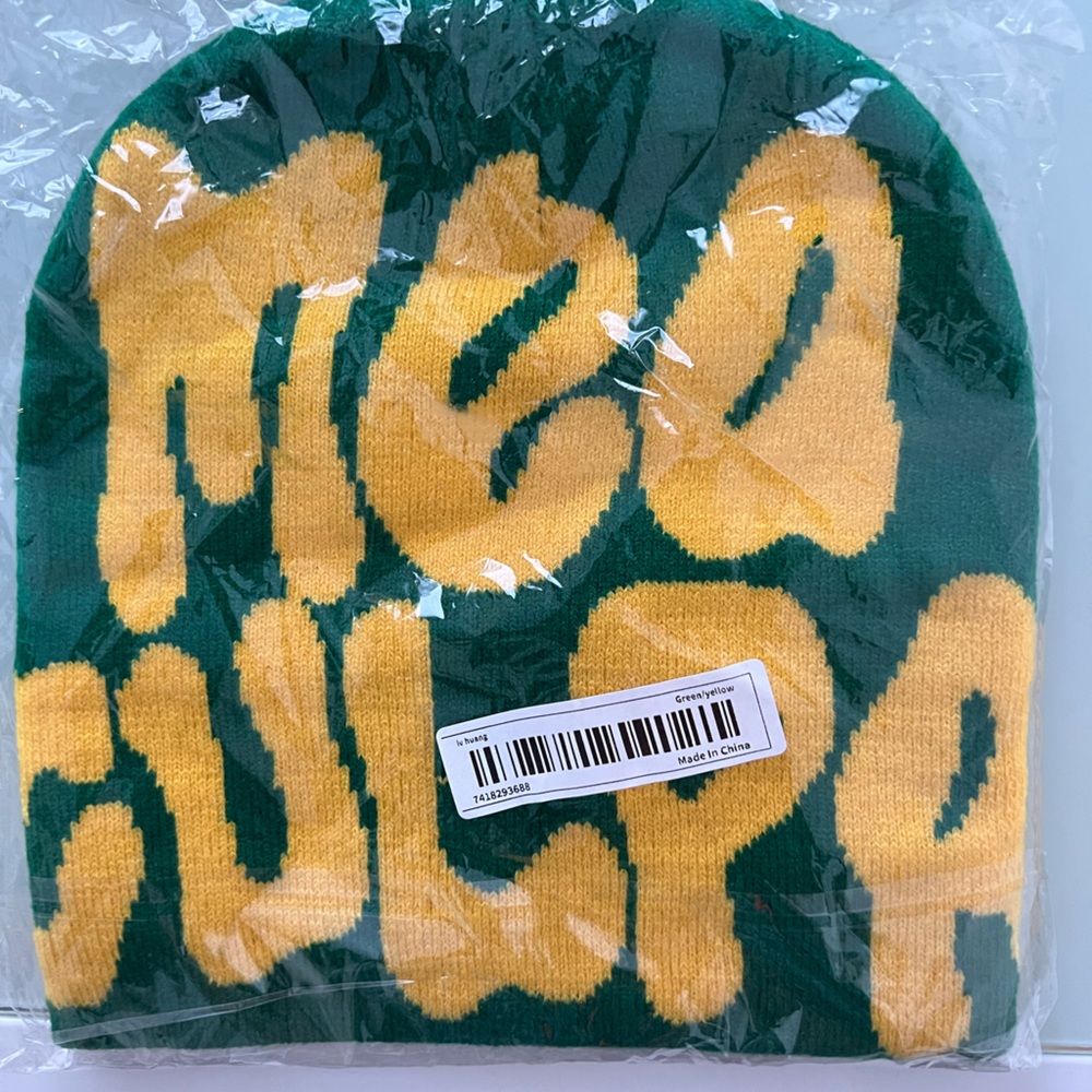 Y2K mea culpa beanie green and yellow colourway